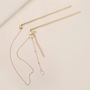 Elegant gold fan and heart hair sticks with long tassels and water drop beads for buns