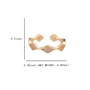 Adjustable gold wave ring with zircon inlay and open band for women, 0.78 inch wide