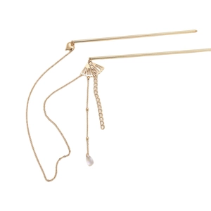 Close-up of golden Chinese hair pin with fan charm and pearlescent waterdrop tassel