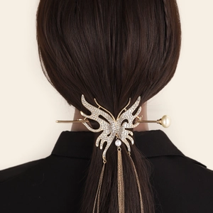 Elegant gold butterfly hair pin with rhinestone inlay and long tassel for women