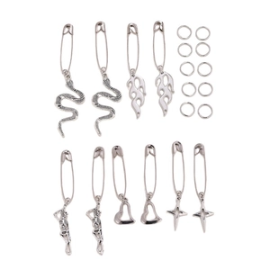 Gothic silver punk pins set featuring flame snake skull and star charms for accessories