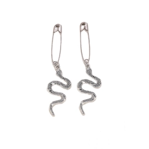 Gothic punk silver snake charms hanging from safety pin earrings with detailed scales
