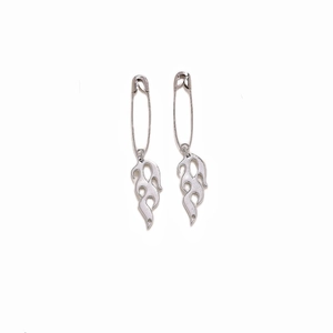 Gothic punk safety pin earrings with flame charms in silver metal for alternative style