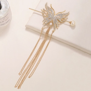 Elegant gold butterfly hair pin with rhinestone accents and long chain tassels for women