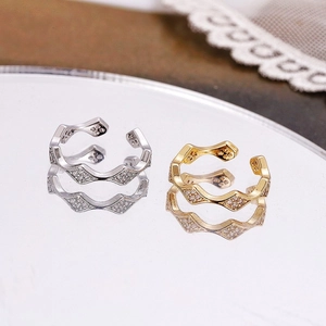 Minimalist Copper Wavy Open Ring With Rhinestone Inlaid Adjustable Geometric Geometric Finger Ring For Women Fashion Jewelry Accessory