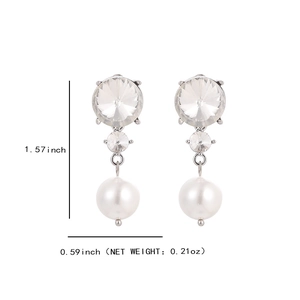 Elegant pearl drop earrings with large zircon crystal studs measuring 1.57 inches