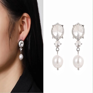 Elegant Round Artificial Pearl Dangle Earrings With Zirconia And 925 Sterling Silver Earring Post For Women Fashion Jewelry