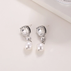 Elegant 925 silver pearl drop earrings with large round zircon crystals for women