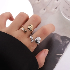 Minimalist Copper Open Ring Geometric Heart LOVE Letter Zirconia Inlaid Adjustable Ring For Women Daily Jewelry Gift