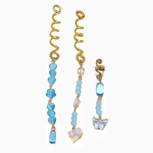 Three-piece set of golden snake-style dreadlock charms with blue crystal stone pendants