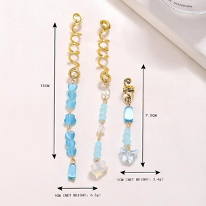 Golden spiral snake hair charms with blue crystal pendants for dreadlocks and braids