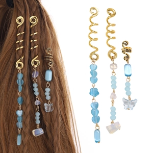Ethnic Gold Alloy Spiral Dreadlock Charms Set Butterfly Heart Pendant Blue Beads Hair Braiding Rings For Women Boho Hair Jewelry