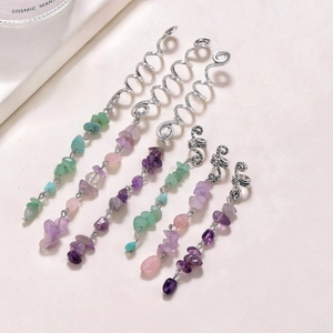 Silver spiral braid rings with natural crystal stone pendants for dreadlocks hair styling