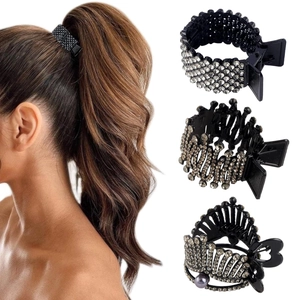 Set di 3 eleganti mollette nere con strass per capelli per acconciatura a coda alta