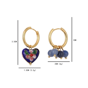 Asymmetric gold earrings with blue enamel heart and bead details with measurements