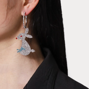 Boucles d'oreilles lapin en argent 925 avec cristaux brillants et noeud bleu chic