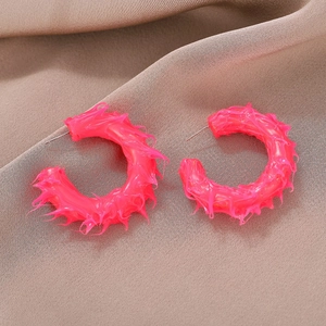 Neon Pink Spiky Melting Texture C-Shape Hoop Earrings For Women Y2K Resin Earrings Fashion Party Jewelry With Stainless Steel Post