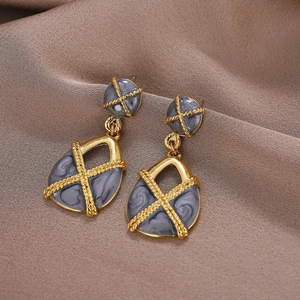 Orecchini a Goccia in Lega Oro Vintage Con Smalto Grigio Marmo Texture a Corda Intrecciata Design a Croce Geometrico Gioielli da Donna