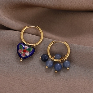 Vintage Enamel Heart Flower Asymmetric Tassel Earrings For Women Retro Ethnic Style Stainless Steel Post Drop Earrings