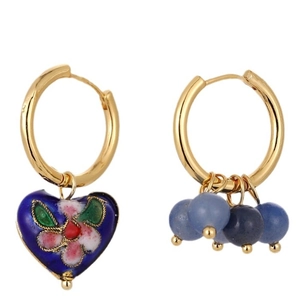Asymmetric vintage gold hoop earrings with blue heart enamel pendant and beaded tassels