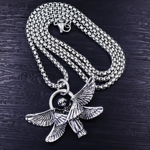 Silver six-winged angel pendant necklace with punk style chain on dark wood background