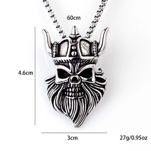 Collana con ciondolo a forma di teschio vichingo in acciaio inossidabile vintage nero e argento