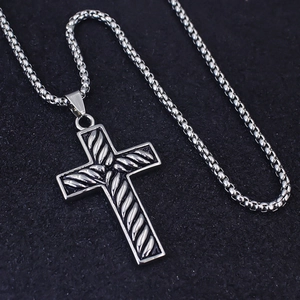 Vintage stainless steel cross necklace with woven texture and box chain for men