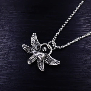 Vintage stainless steel six-wing angel pendant necklace with silver box chain for men women