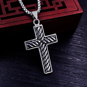 Punk style stainless steel cross pendant necklace with textured rope pattern on box chain