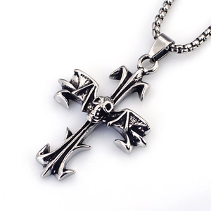 Vintage Stainless Steel Gothic Skull Cross Pendant Necklace For Men Women Retro Bat Wing Alloy Hip Hop Punk Jewelry Gift