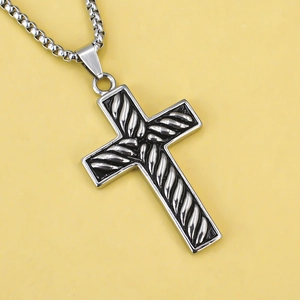 Men's stainless steel cross pendant necklace with vintage braided texture on box chain