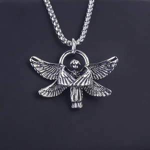 Detailed silver stainless steel seraphim angel pendant with six wings on a thick chain