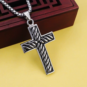 Polished stainless steel cross pendant necklace with twisted rope design and box chain
