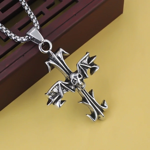 Gothic silver skull cross necklace with bat wings on box chain for men's punk jewelry
