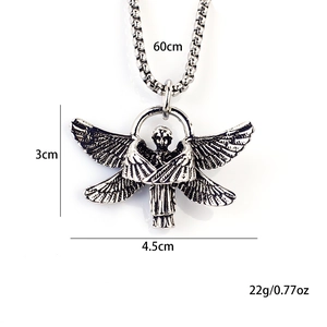 Detailed six-wing angel pendant necklace in vintage silver finish with size measurements