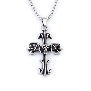 Gothic punk silver skull cross necklace with bat wings on a sturdy link chain