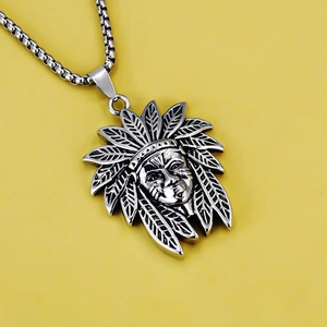Collar con colgante de jefe indio de acero inoxidable vintage para hombre con cadena
