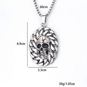 Punk style stainless steel skull pendant necklace with 60cm box chain for men
