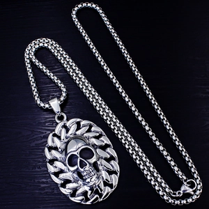 Gothic punk silver skull pendant necklace with woven metal details on stainless steel box chain