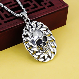 Punk style stainless steel skull pendant necklace with oval frame on a vintage box