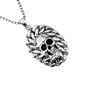 Gothic punk skull pendant necklace with braided border on square link steel chain