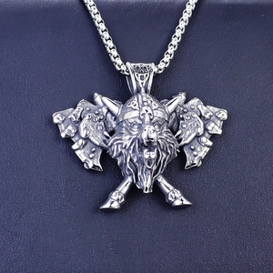 Vintage Viking wolf head and crossed axes pendant necklace in antique silver finish