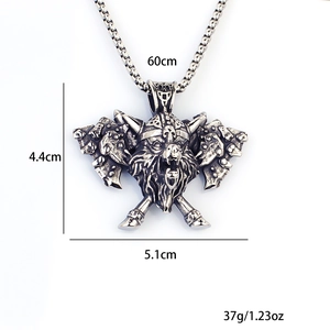 Viking axe and wolf head stainless steel pendant necklace for men on 60cm bead chain