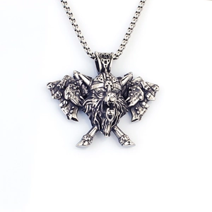 Vintage Viking necklace featuring double axes and bear head warrior helmet pendant