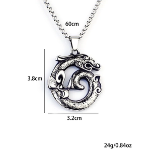 Vintage Drachen Anhänger aus Edelstahl mit 60cm Perlenkette für Herren im Retro Stil