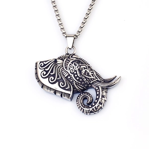 Vintage stainless steel elephant head pendant necklace with intricate embossed details