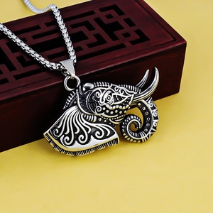 Vintage stainless steel elephant head pendant necklace with embossed antique details
