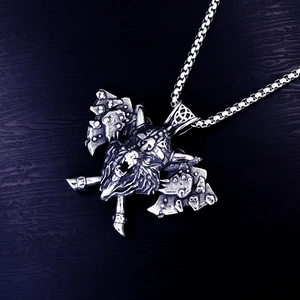 Vintage Viking necklace featuring wolf head and crossed axes pendant in stainless steel
