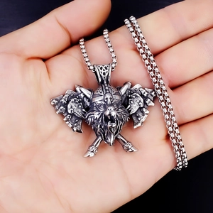 Vintage Viking Wolf Head Axe Pendant Necklace Stainless Steel Antique Silver Nordic Odin Armor Necklace For Men Punk Jewelry