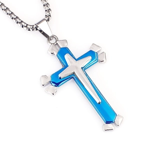 Detail of three-layer stainless steel cross pendant with blue enamel on a silver square chain